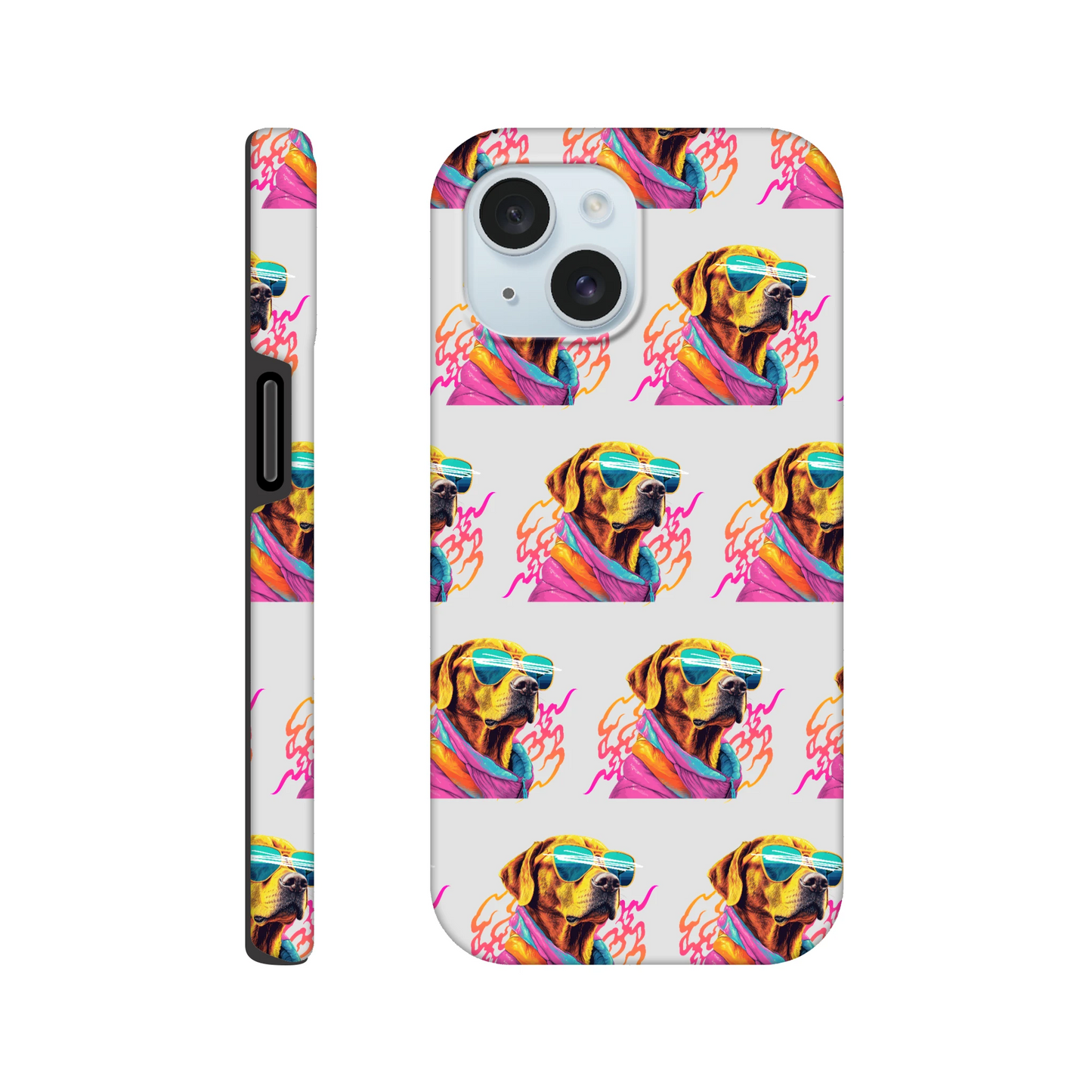Dual-layer glossy iPhone case with neon dog wearing sunglasses wraparound print for iPhone 16–13