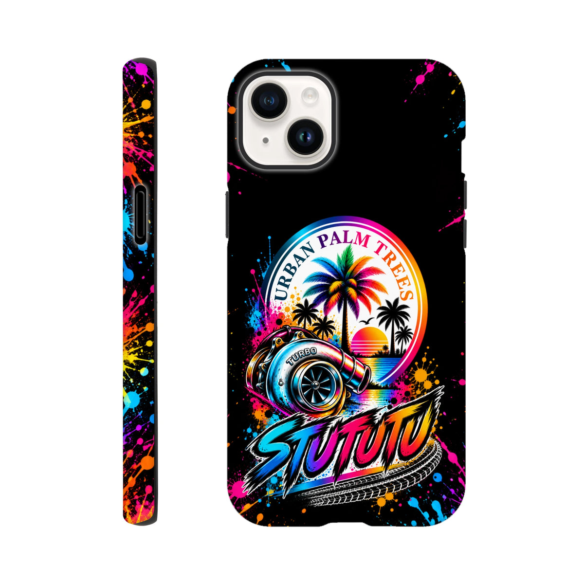 Vibrant Turbo Petrolhead iPhone case featuring a colorful turbocharger, Urban Palm Trees graphic, and neon paint splatters on black.