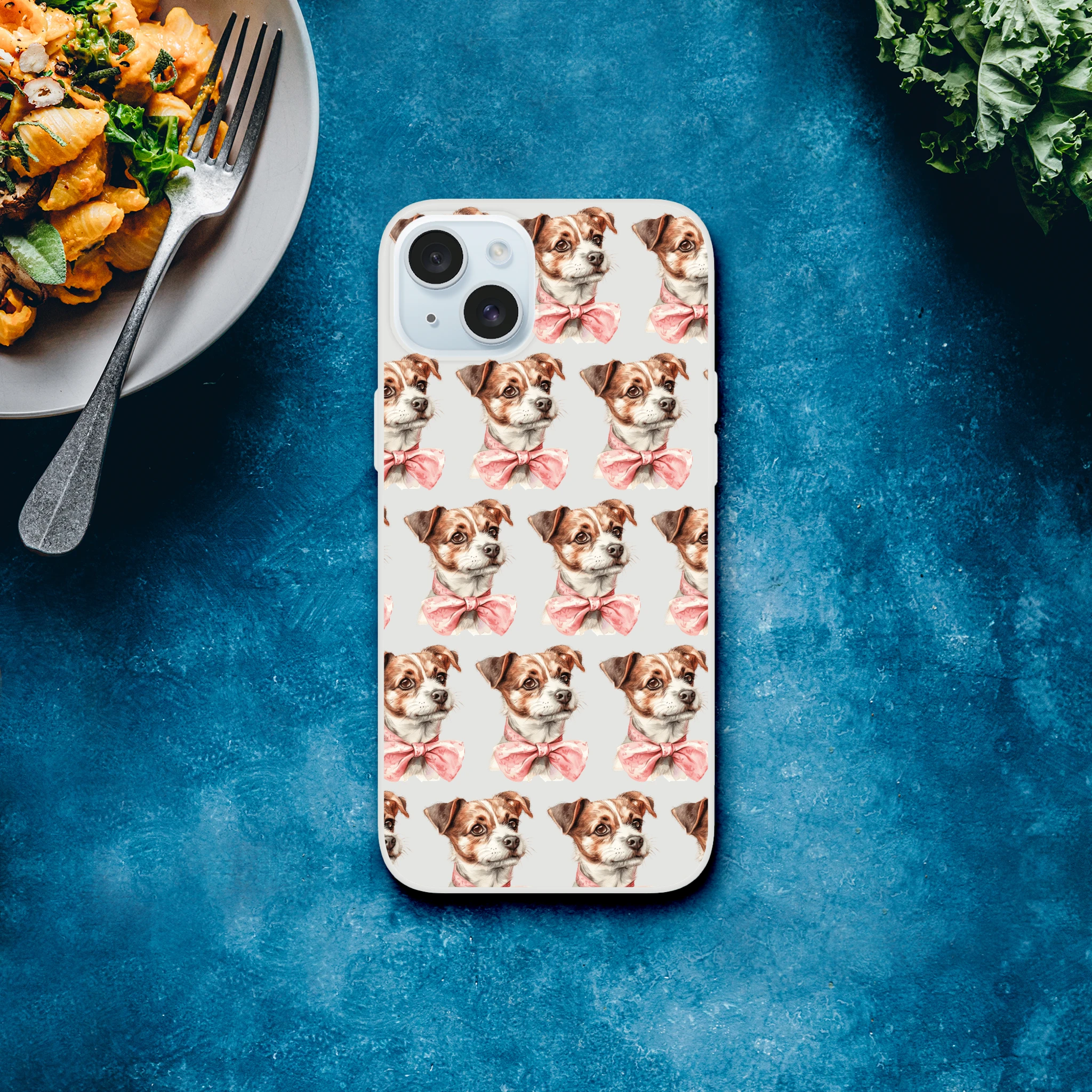 Cute dog face pattern on a clear slim protective case for iPhone 13-16, pink bow ties