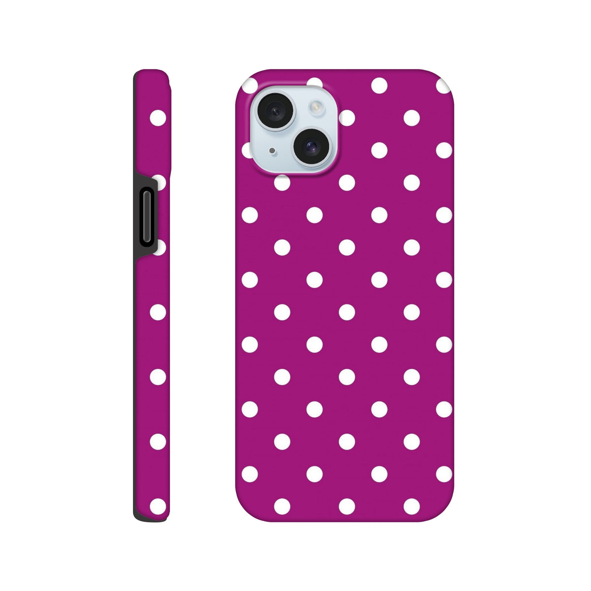 Purple and white polka dot tough iPhone case featuring shock-absorbing TPU protection for iPhone 13-16 models.