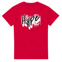 Red men's graphic T-shirt with the Hype logo over a white dripping graffiti background.