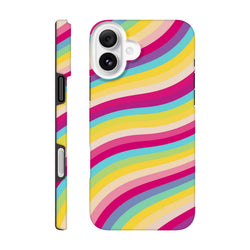 Retro rainbow wave stripe iPhone case with tough TPU shock absorption. Vibrant, scuff-resistant design fits iPhone 13-16 models.