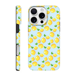 Cute lemon iPhone case featuring a fresh yellow fruit pattern with green leaves on a light blue background for iPhone 13-16.