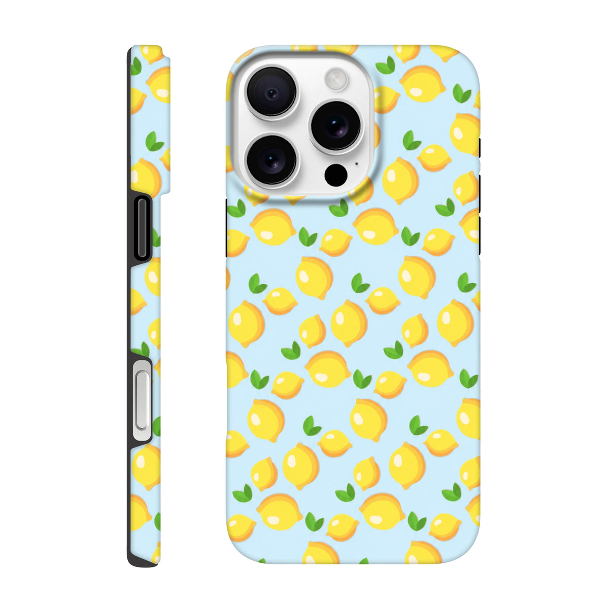 Cute lemon iPhone case featuring a fresh yellow fruit pattern with green leaves on a light blue background for iPhone 13-16.