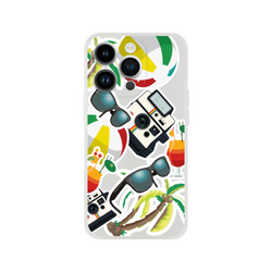 Transparent iPhone case featuring a summer sticker collage with palm trees, sunglasses, vintage cameras, and tropical cocktails.