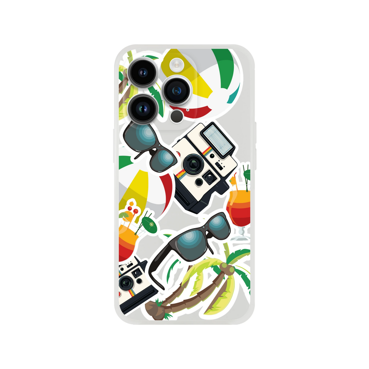 Transparent iPhone case featuring a summer sticker collage with palm trees, sunglasses, vintage cameras, and tropical cocktails.