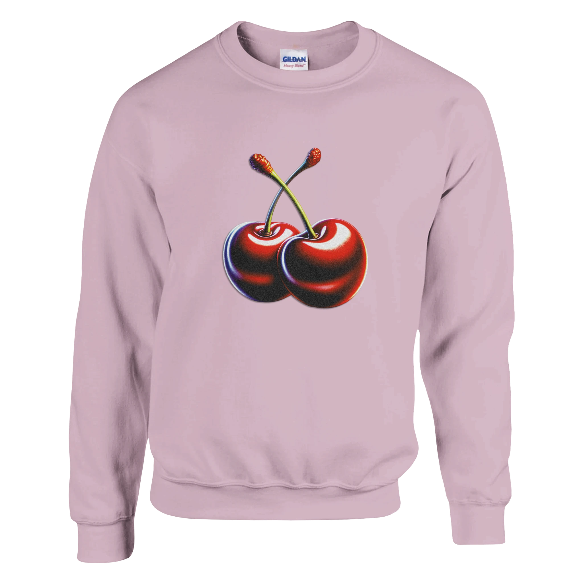 Cherries jumper graphic on pink women's cotton-polyester sweatshirt.