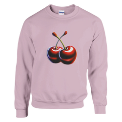 Cherries jumper graphic on pink women's cotton-polyester sweatshirt.