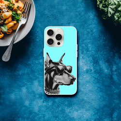 Cool Dog iPhone Case (13-16) Retro Aesthetic turquoise phone case with illustrated dog wearing sunglasses.