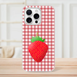Cute Strawberry Gingham iPhone case (13-16), pink aesthetic with a strawberry graphic on gingham