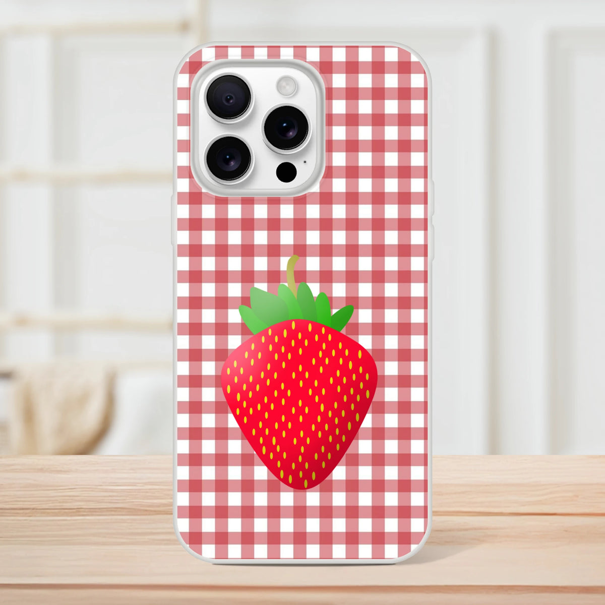 Cute Strawberry Gingham iPhone case (13-16), pink aesthetic with a strawberry graphic on gingham