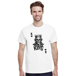 White Gothic streetwear tee featuring a crowned King Skull Poker card graphic with gothic lettering.
