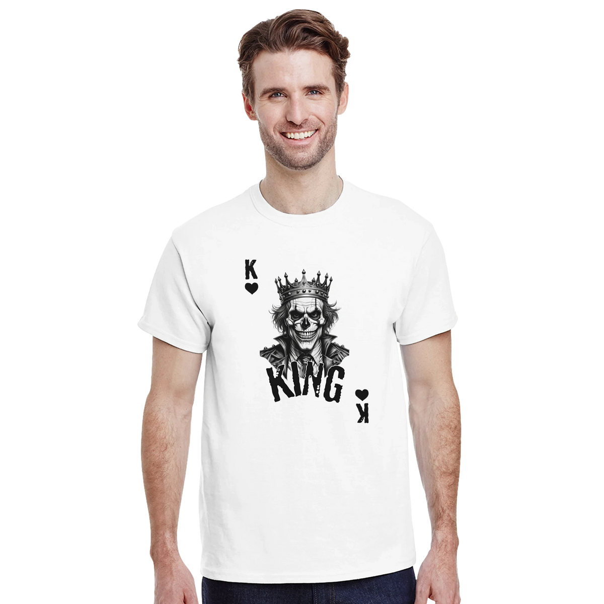 White Gothic streetwear tee featuring a crowned King Skull Poker card graphic with gothic lettering.