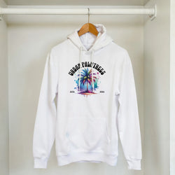 Urban Palm Trees Hoodie for Men: white pullover on hanger with palm print, modern streetwear.