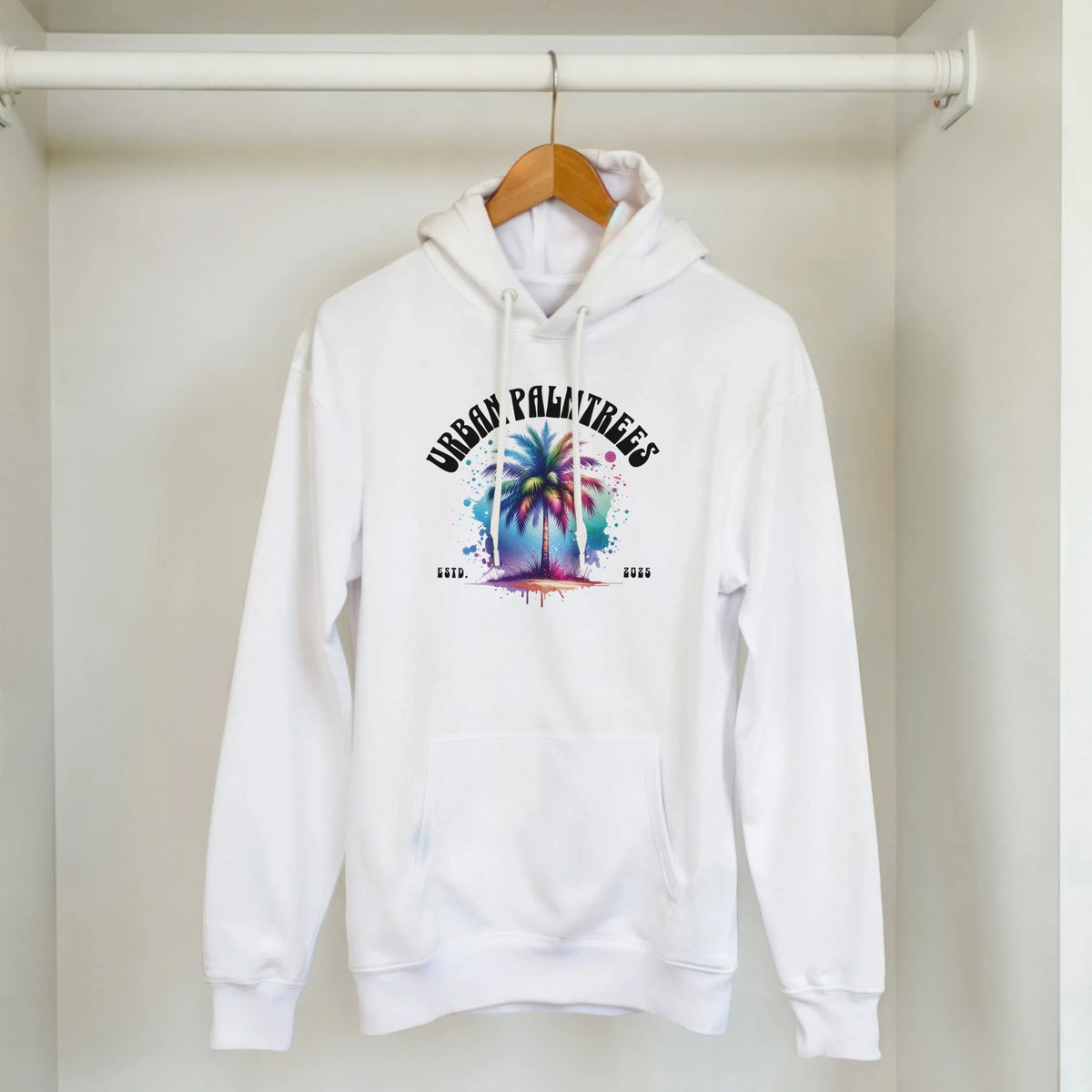 Urban Palm Trees Hoodie for Men: white pullover on hanger with palm print, modern streetwear.