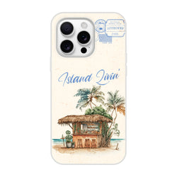 Vintage postcard-style iPhone case for 13–16, Island Holiday design with palm trees and thatched hut.