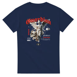 Navy Gothic Angel graphic tee featuring a detailed winged guardian angel and bold red Gothic text.