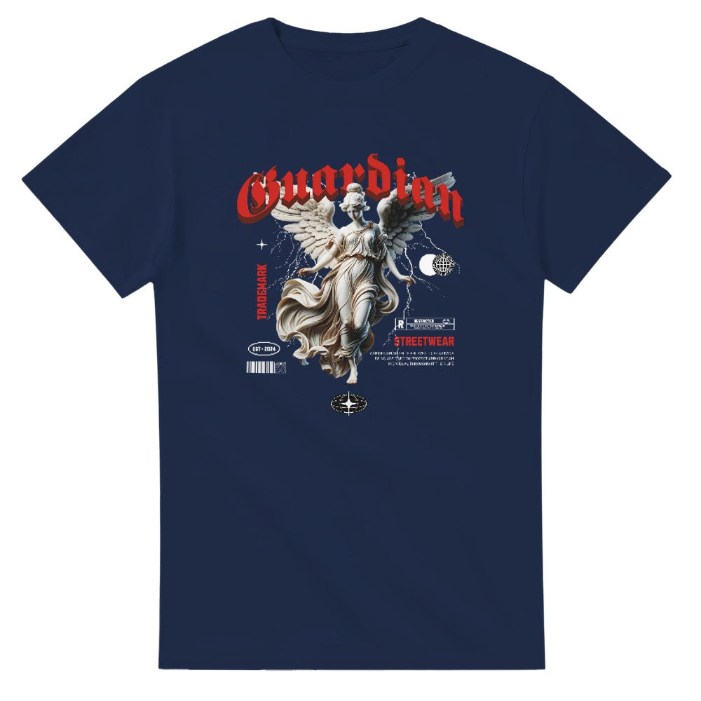 Navy Gothic Angel graphic tee featuring a detailed winged guardian angel and bold red Gothic text.