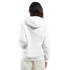 Back view of a person wearing a white heavy cotton-blend hoodie with hood and drawstring.