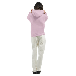 Back view of a woman wearing a Cute Stay True Hoodie in pastel pink, hood up, streetwear.