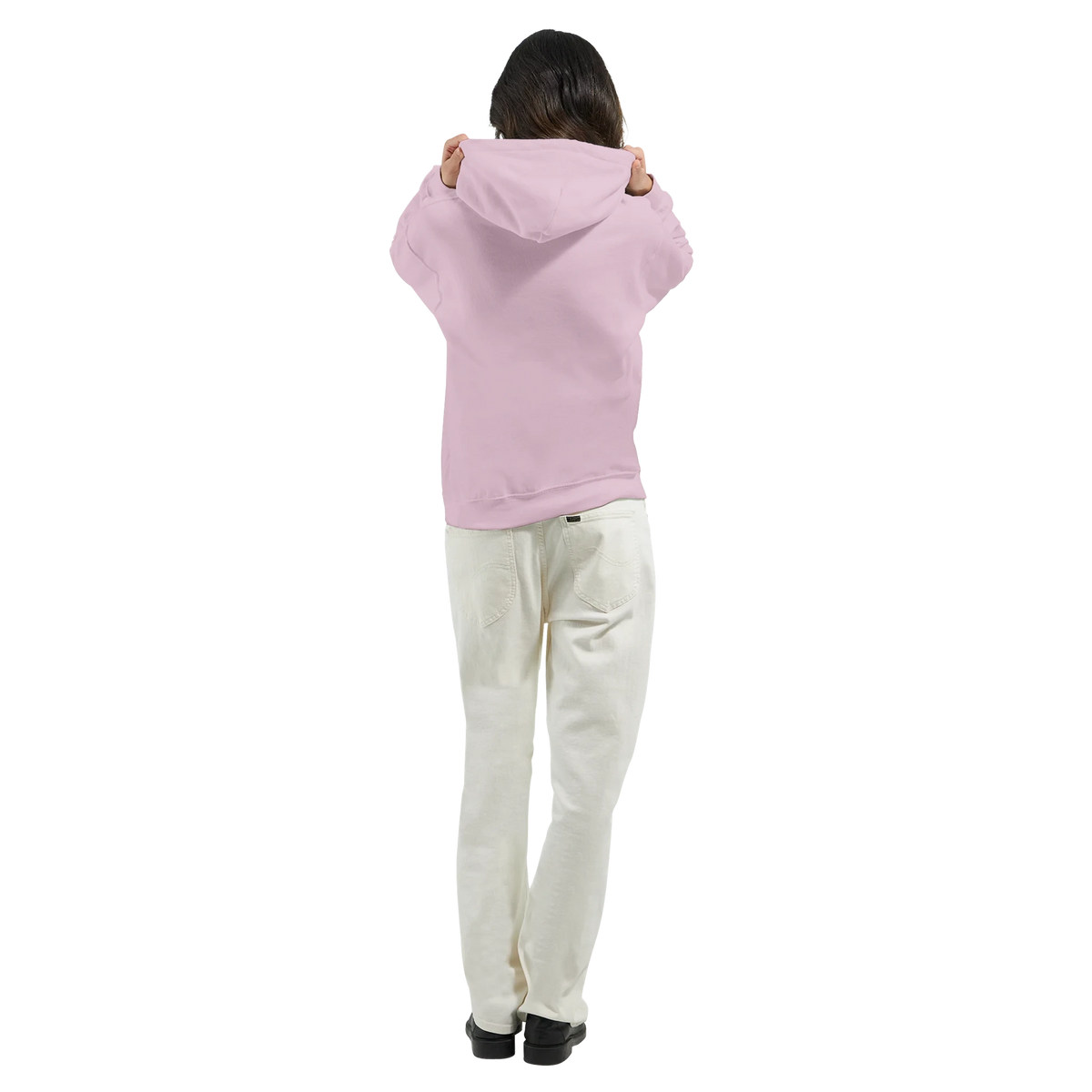Back view of a woman wearing a Cute Stay True Hoodie in pastel pink, hood up, streetwear.