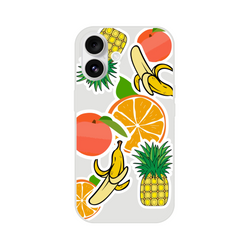 Transparent iPhone case featuring bold sticker-style graphics of oranges, bananas, and pineapples for a tropical streetwear look.