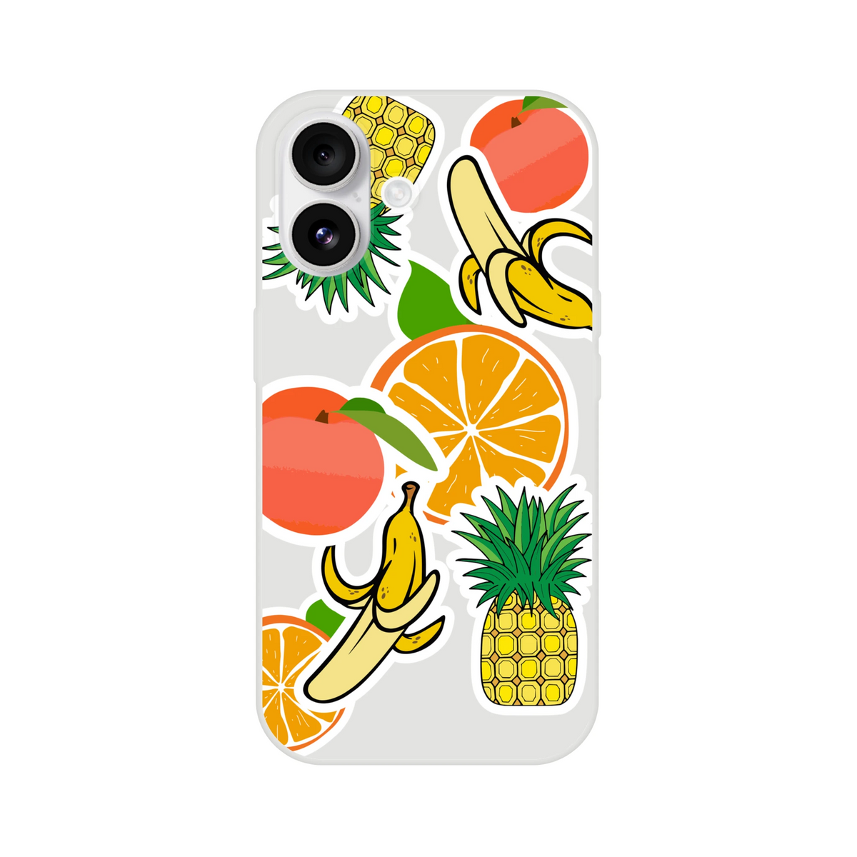 Transparent iPhone case featuring bold sticker-style graphics of oranges, bananas, and pineapples for a tropical streetwear look.