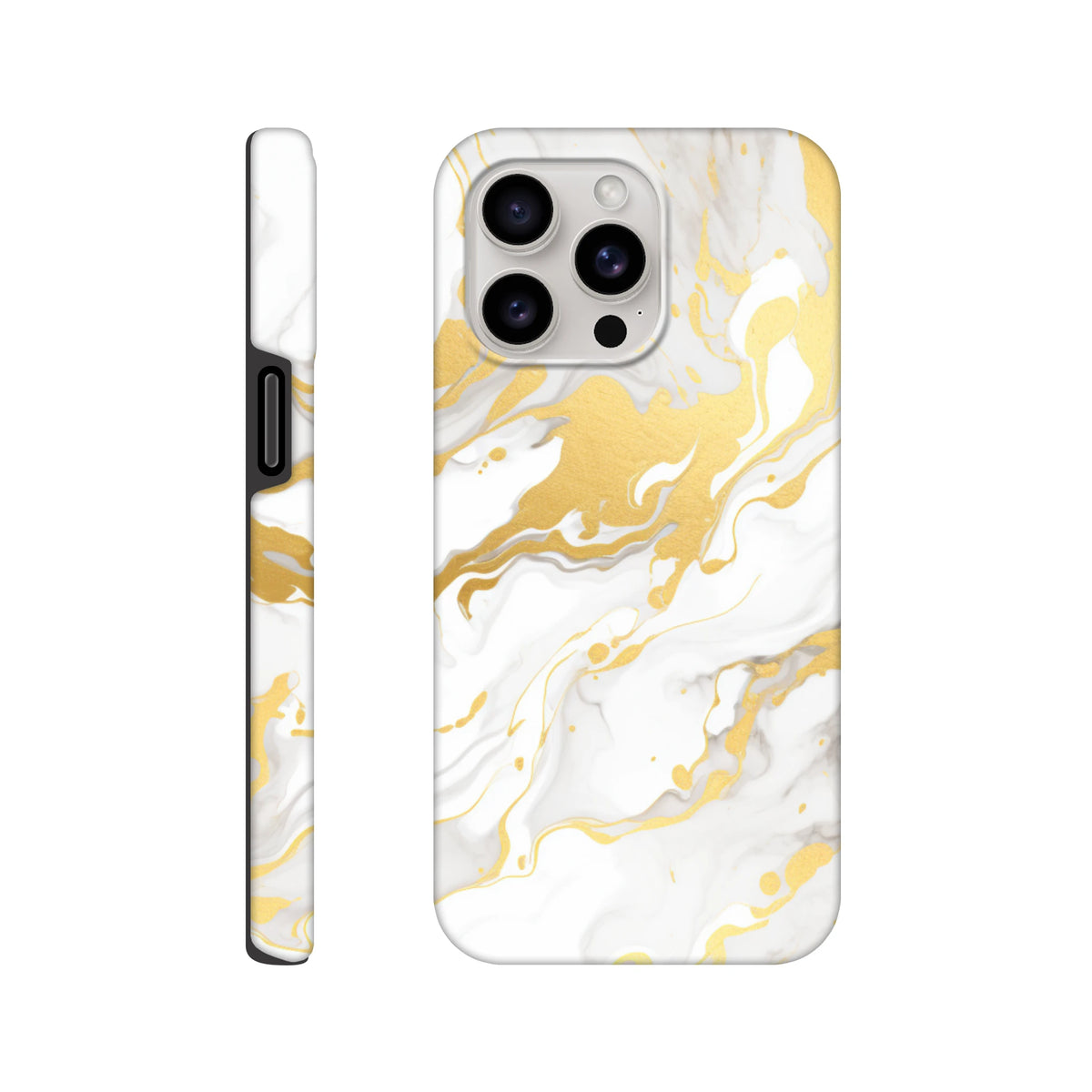 Luxury white and gold marble iPhone case featuring an abstract fluid pattern with a seamless wraparound design for a premium finish.