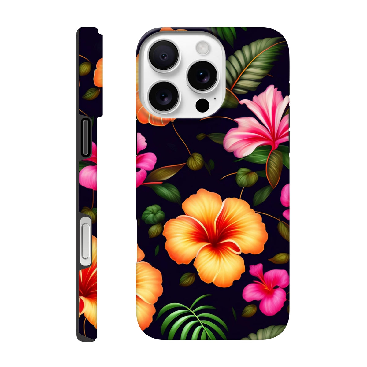 Tropical floral tough iPhone case featuring vibrant orange and pink hibiscus flowers with green palm leaves on a dark background. Shock-absorbing phone cover for daily protection.