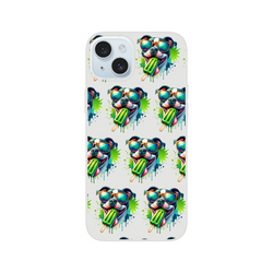 Clear Chill Dog case for iPhone 13–16 with frosty design, repeating sunglasses-wearing dogs holding popsicles.