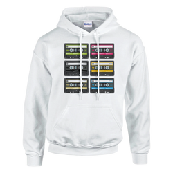 Retro cassette tape hoodie for men featuring a grid of colorful cassette graphics on the chest, vintage 90s style.