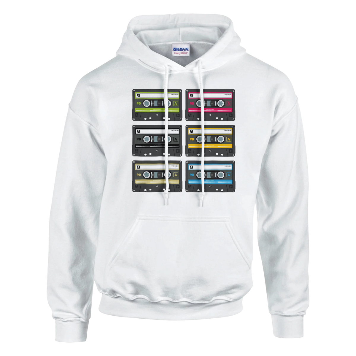 Retro cassette tape hoodie for men featuring a grid of colorful cassette graphics on the chest, vintage 90s style.
