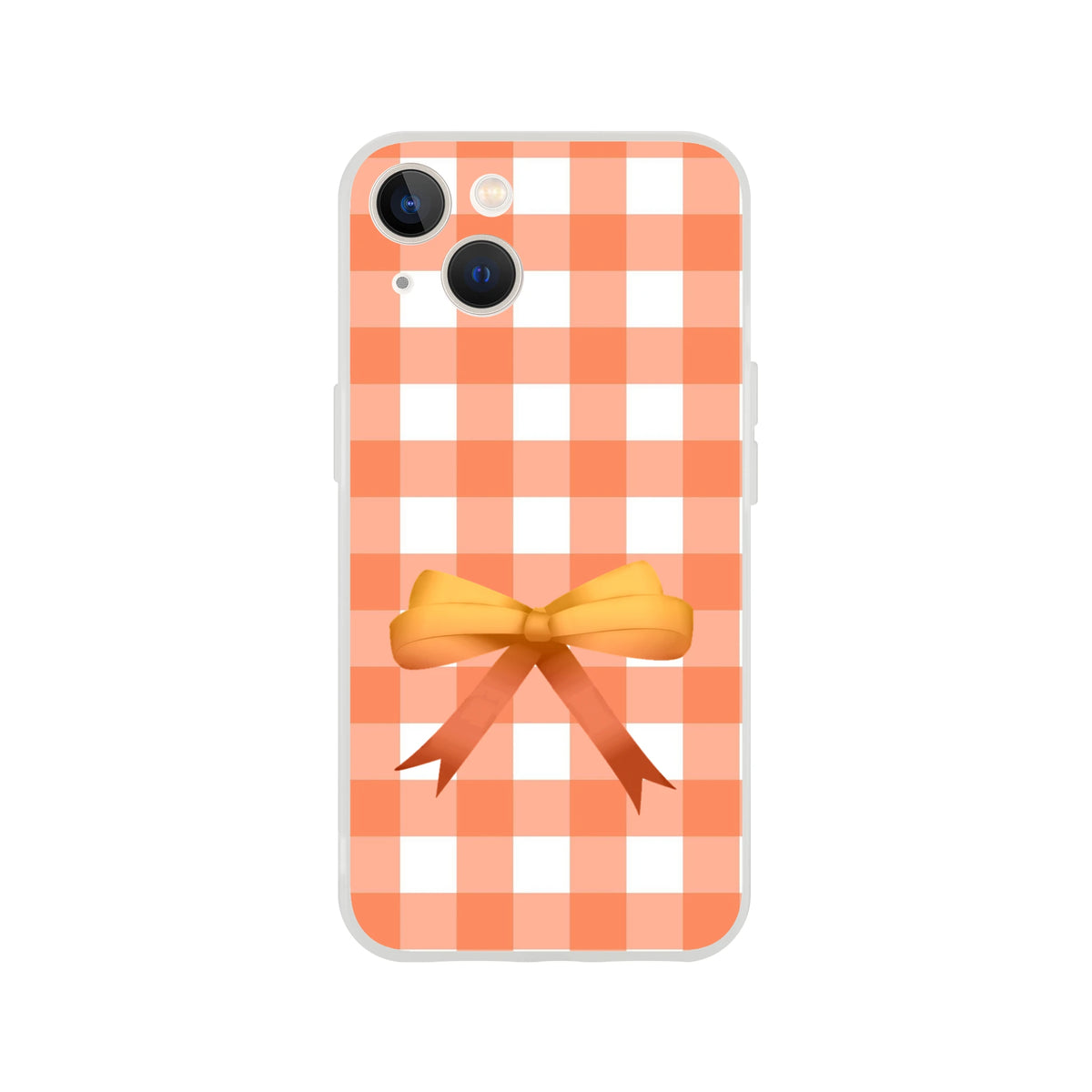 Orange gingham bow iPhone case (13–16) with a cute coquette aesthetic and yellow bow accent