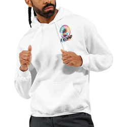 White streetwear hoodie featuring a colorful Urban Palm Trees and Full Send graphic on the chest with a front kangaroo pocket.