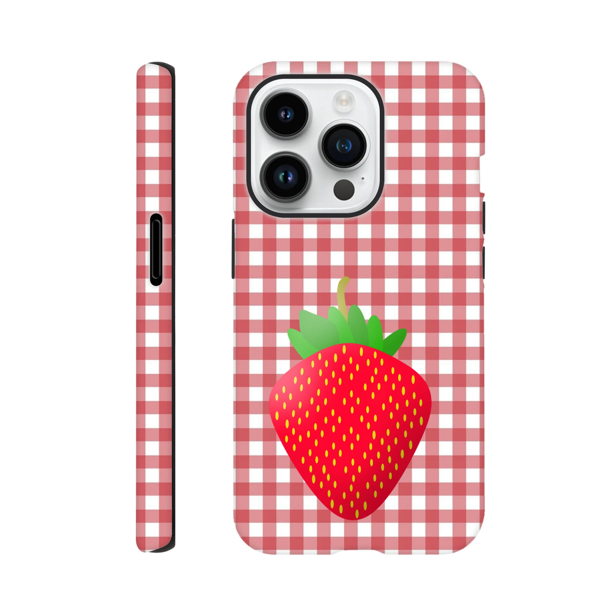 Red gingham iPhone case featuring a large cute strawberry graphic. Tough protective phone cover with a classic red checkered pattern.