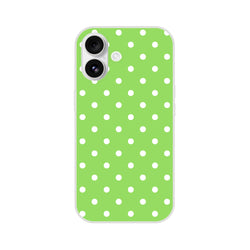 Retro green and white polka dot iPhone case with matte finish. Shock-absorbing TPU phone cover for models 13-16.