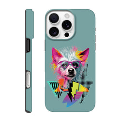 Vibrant retro pop art dog wearing pink glasses with geometric lightning bolts on a tough teal iPhone case.