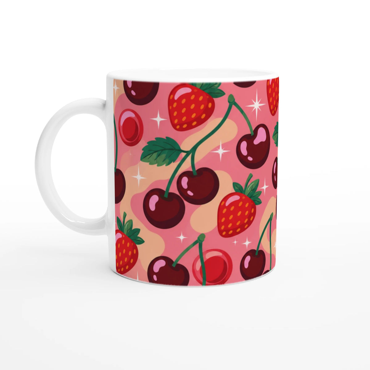 Retro pink ceramic mug featuring a cute pattern of strawberries, dark cherries, and white sparkles for coffee or tea.