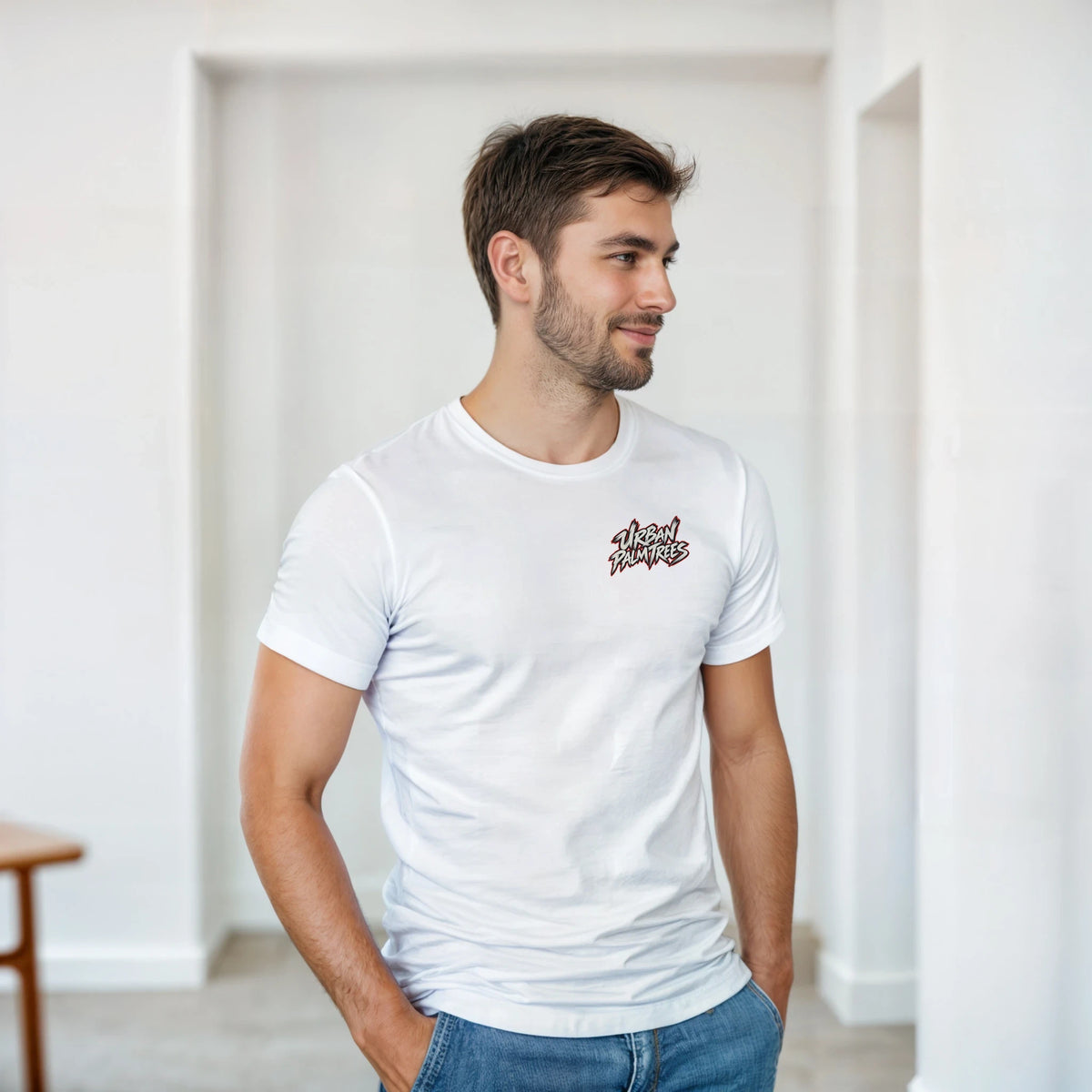 Man wearing white JDM car t-shirt with Urban Palm Trees chest graphic. Japanese streetwear style tee for men.