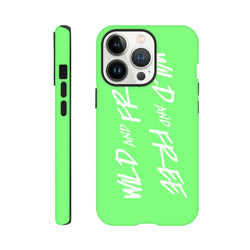 Lime green iPhone case with vertical white "Wild and Free" text, featuring a Y2K aesthetic shock-absorbing shell design.