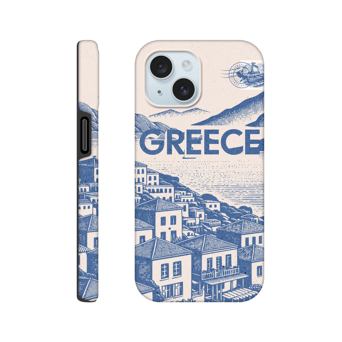Vintage Greece iPhone case featuring a blue and cream Mediterranean village engraving with bold lettering and postmark stamp design.