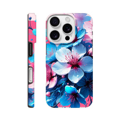 Vibrant blue and pink floral iPhone case designed for durability in urban settings. Tough flower phone cover featuring bold blossom art for iPhone 13-15.