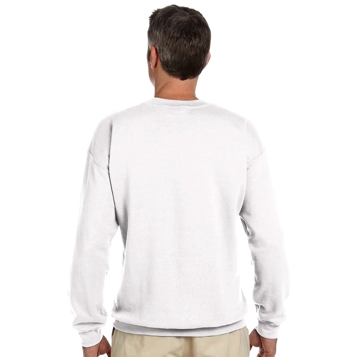 Back view of a man wearing a white Urban Palm Trees Sweatshirt, a Y2K streetwear pullover.