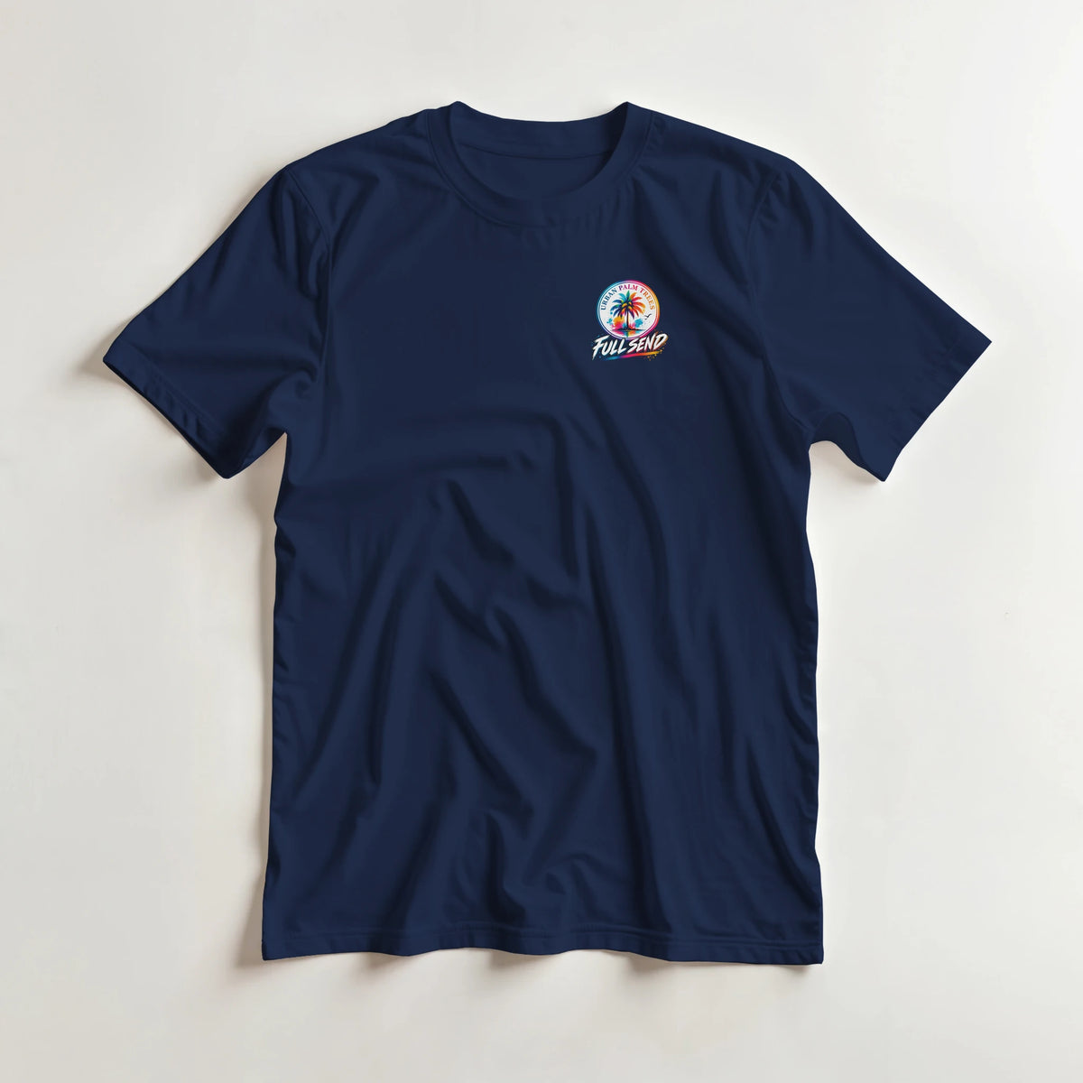 Navy blue t-shirt featuring a "Full Send" graphic with a retro palm tree logo on the left chest.