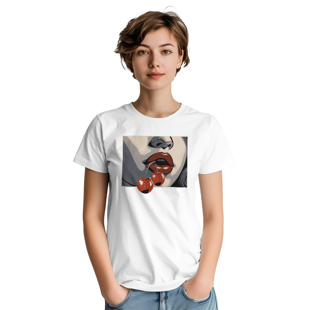 White women's graphic tee with pop-art lips and cherries inside a rectangular panel.