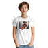 White women's graphic tee with pop-art lips and cherries inside a rectangular panel.