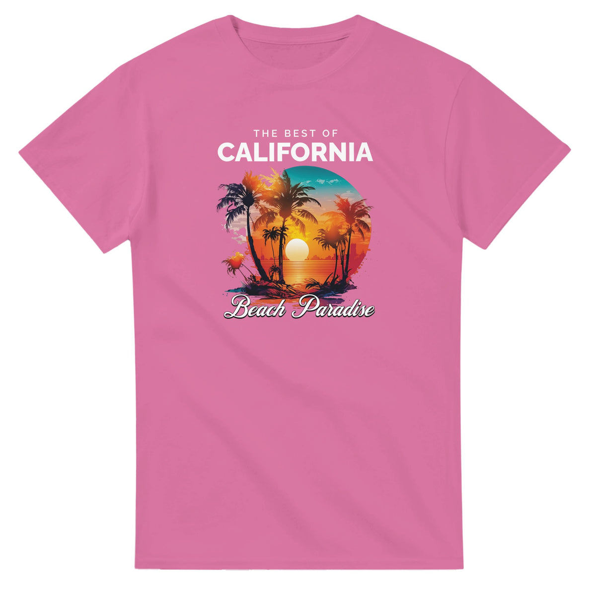 Pink women's California Beach Paradise graphic tee with sunset palm trees.
