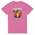 Pink women's California Beach Paradise graphic tee with sunset palm trees.