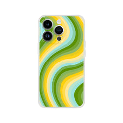 Groovy green and yellow wave iPhone case for 13–16, slim matte shield with three-lens cutout