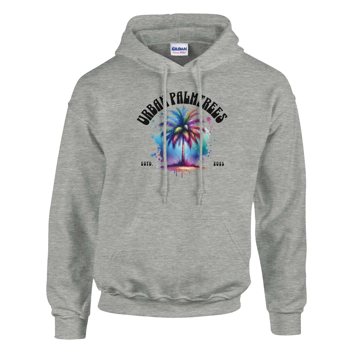 Urban Palm Trees hoodie for men with colorful palm tree graphic on gray pullover